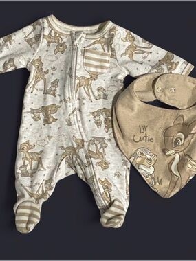Disney Tan Bambi Thumper Footed One-Piece with Lil Cutie Bib